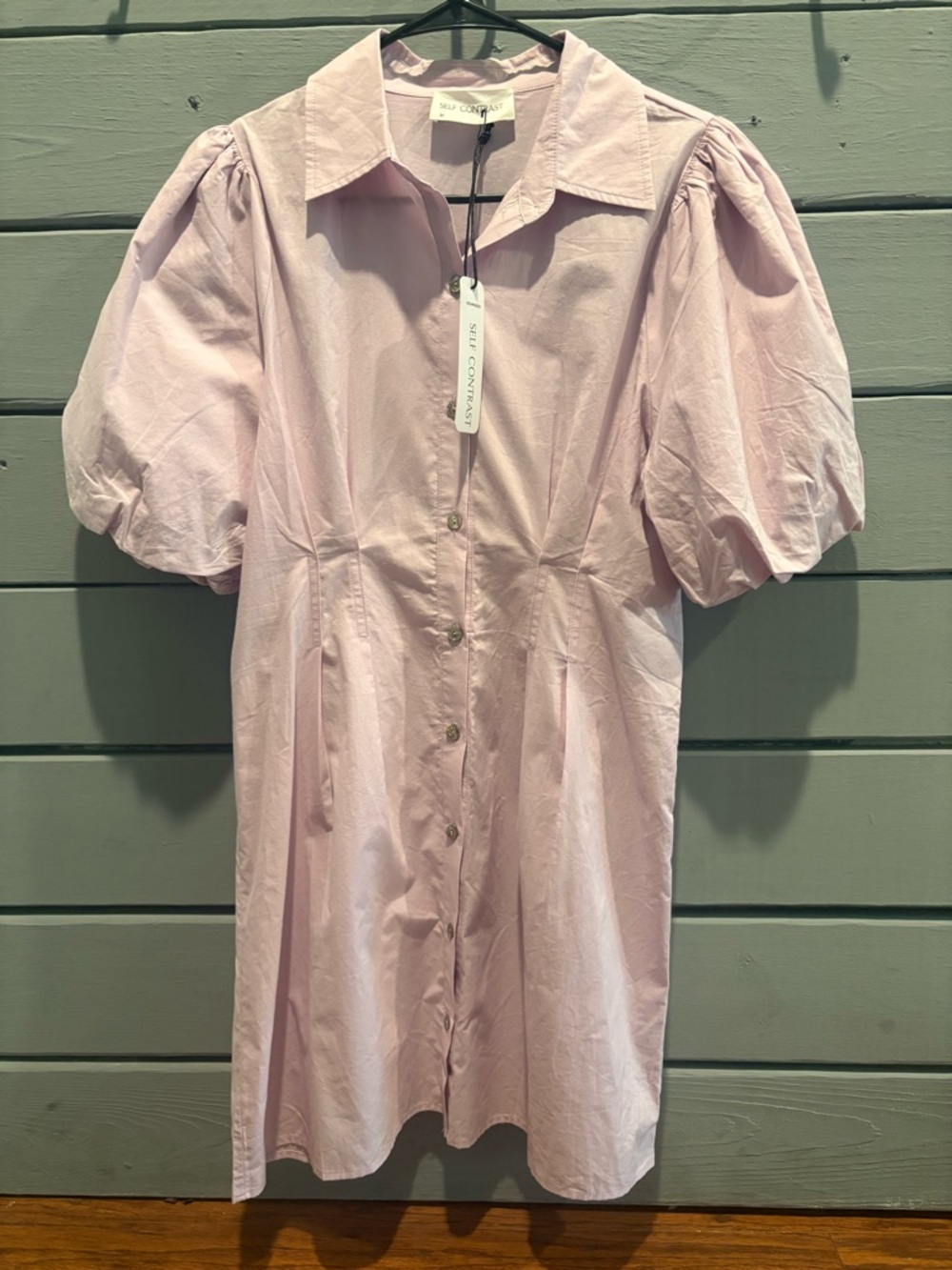 NWT Self Contrast Lilac Puff-Sleeve Shirt Dress